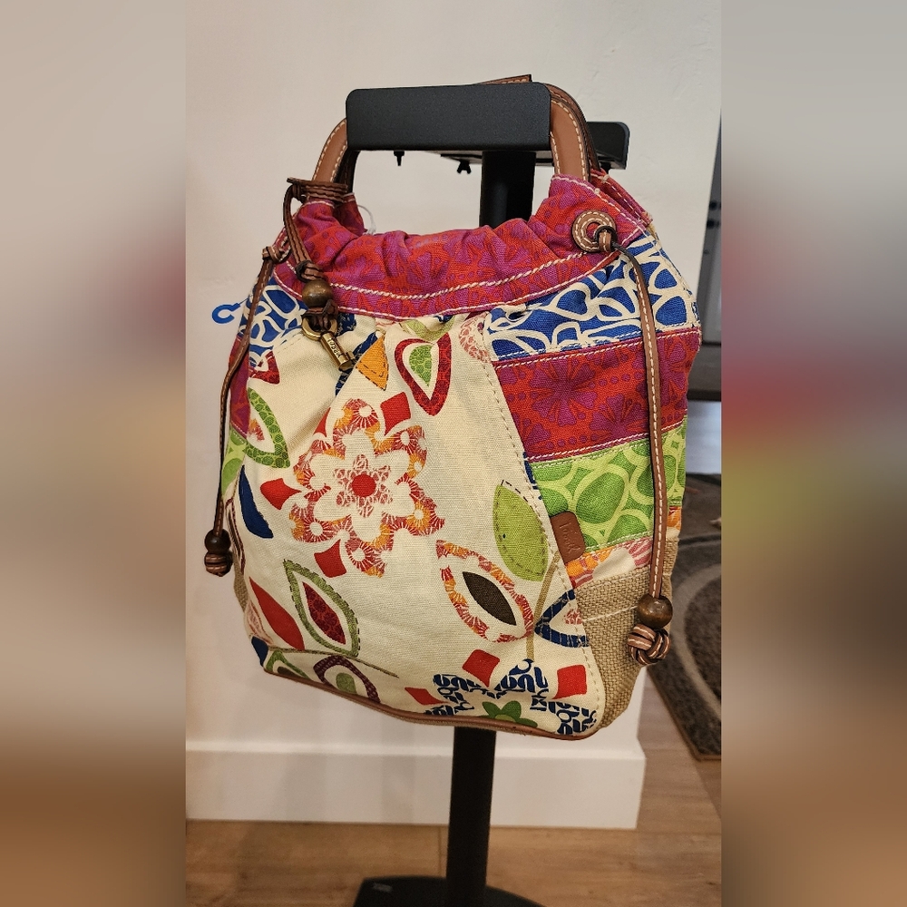 Fossil Multicolor Floral Patchwork Drawstring Sho… - image 1